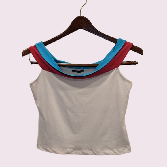 Vintage Tops - 3/$15 Y2K Off the shoulder Body-hugging semi sheer crop top size S Blue Pink